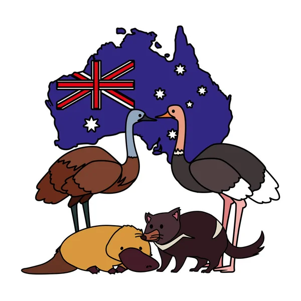 Ausztráliai állatok ausztráliai térképpel a háttérben — Stock Vector