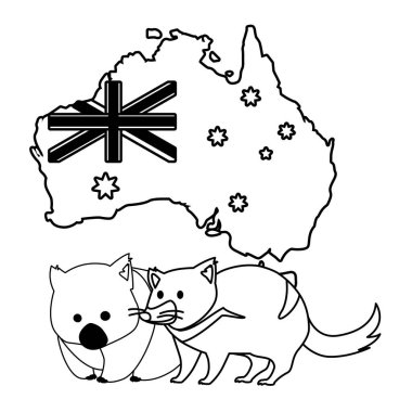 Wombat ve Tazmanya canavarı. Arkasında Avustralya haritası var.