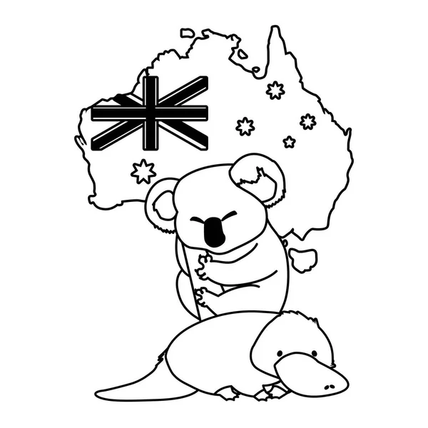 Koala and platypus with map of australia in the background — 스톡 벡터