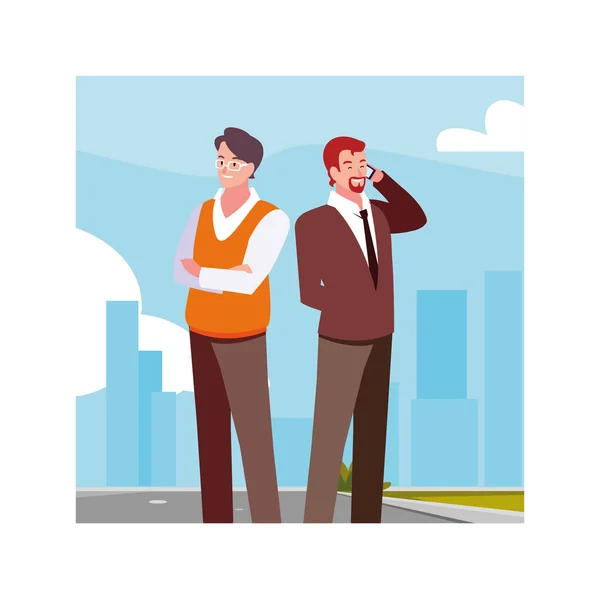 Businessmen standing in urban street, business professional men — Stock Vector