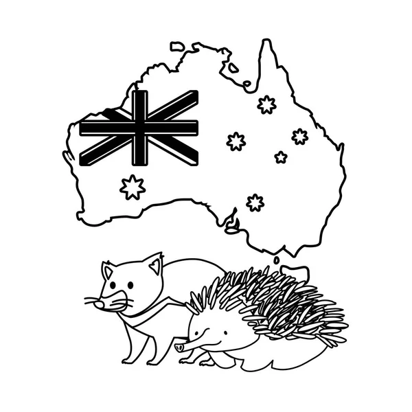 Tasmanischer Teufel und Echidna mit Landkarte von Australien im Hintergrund — Stockvektor