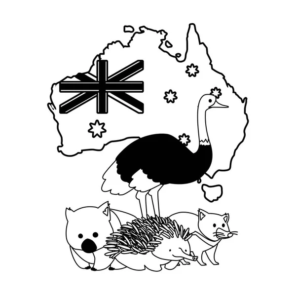 Ausztráliai állatok ausztráliai térképpel a háttérben — Stock Vector