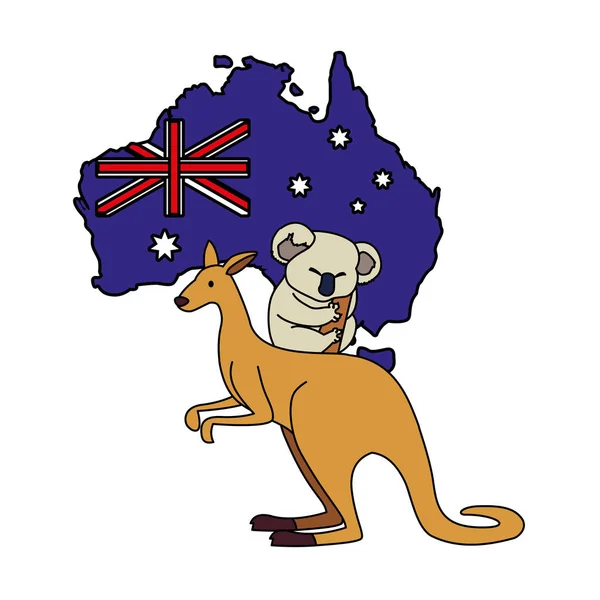 Kangourou et koala avec carte de l'Australie en arrière-plan — Image vectorielle