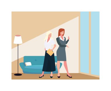 Oturma odasında farklı pozlarda iş kadınları.