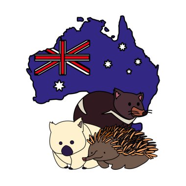 Avusturalya 'nın hayvanları ve arka planda Avustralya haritası.