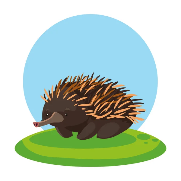 Cute echidna with background landscape — Stock Vector