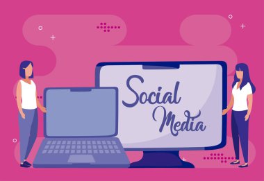 Laptop computer and women of social media concept vector design