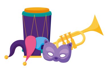Isolated mardi gras mask hat trumpet and drum vector design
