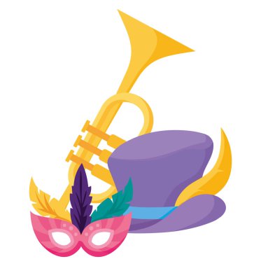 Isolated mardi gras mask hat and trumpet vector design