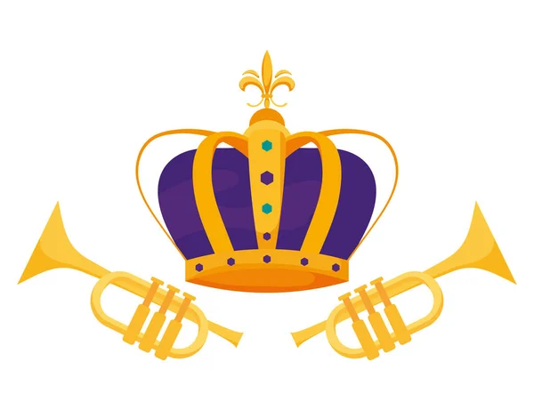 Couronne royale isolée et motif vectoriel trompettes — Image vectorielle