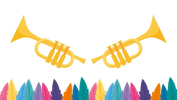 Isolated mardi gras trumpets and feathers vector design — 스톡 벡터