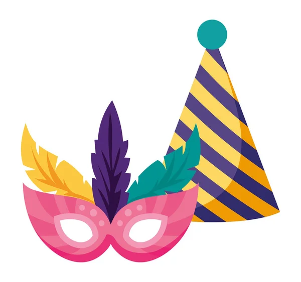 Isolated striped hat and mask with feathers vector design — 스톡 벡터