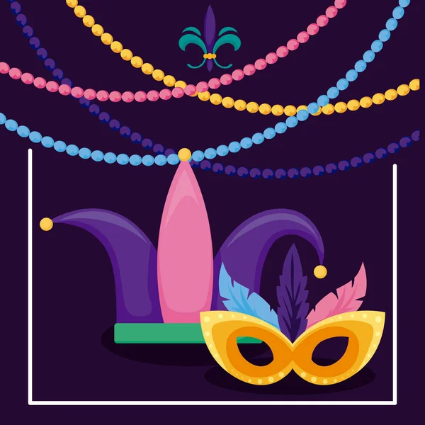 Mardi gras máscara y sombrero con collares diseño vectorial — Archivo Imágenes Vectoriales