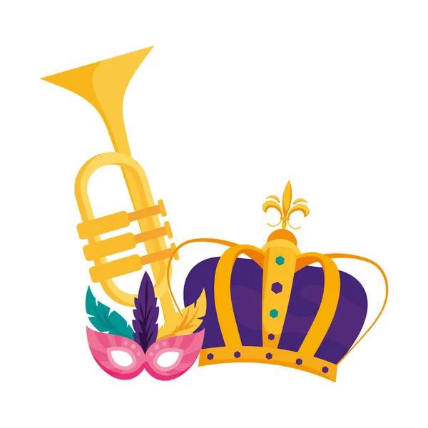 Isolated mardi gras mask trumpet and crown vector design — 图库矢量图片