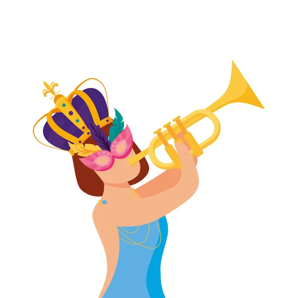 Mujer con mardi gras máscara corona y trompeta vector diseño — Archivo Imágenes Vectoriales