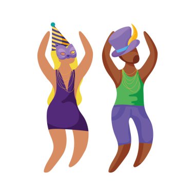 Mardi Gras şapkalı ve maskeli kadın ve erkek vektör tasarımlı.