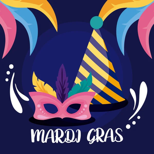 Μάσκα και καπέλο Mardi Gras με σχέδιο φορέα φτερών — Διανυσματικό Αρχείο