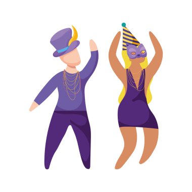 Mardi Gras şapkalı ve maskeli kadın ve erkek vektör tasarımlı.