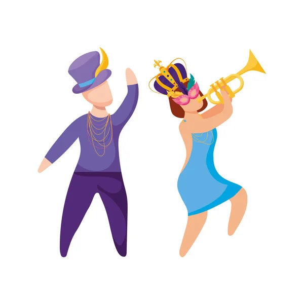 Kvinna och man med Mardi gras hatt krona trumpet och mask vektor design — Stock vektor