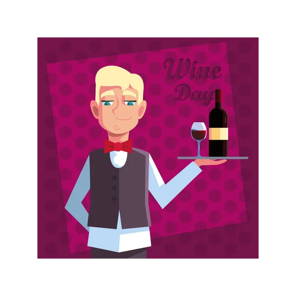Чоловік офіціант тримає піднос з пляшковим вином — стоковий вектор