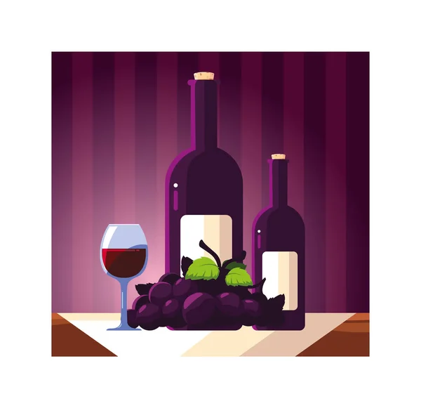 Botella con copa de vino y uvas, día del vino — Vector de stock