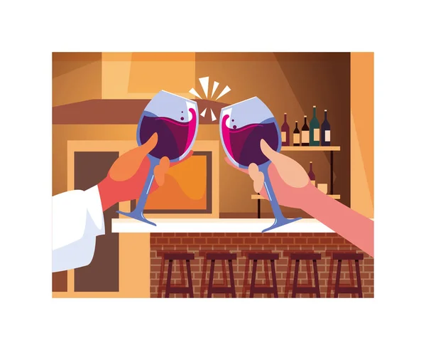 Hände halten ein Weinglas, Etikett Weintag — Stockvektor