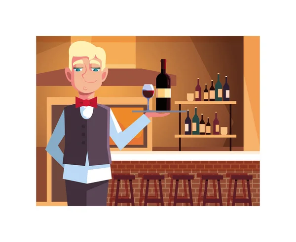 Профессиональный официант предлагает красное вино в баре — стоковый вектор