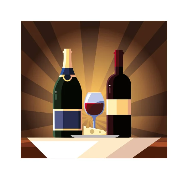 Bottiglia e bicchiere di vino con pezzo di formaggio — Vettoriale Stock