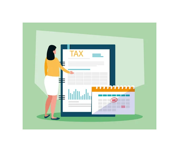 Businesswoman in tax day with icons — Stock Vector