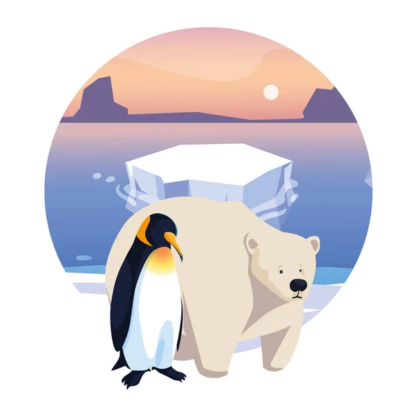 Arktyczne zwierzęta w krajobrazie z błękitnym niebem i górą lodową — Wektor stockowy