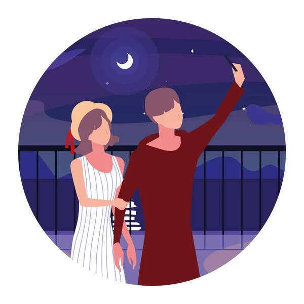 Pareja de personas enamoradas sentados en la silla del parque con paisaje nocturno — Vector de stock