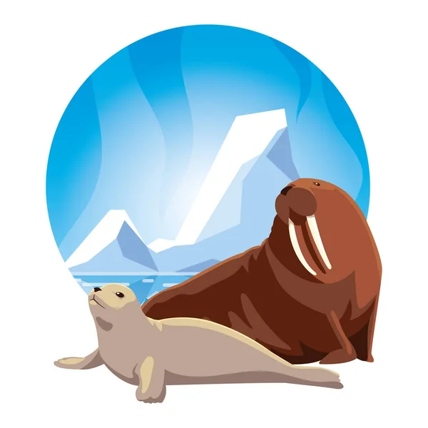 Animais árticos em paisagem com céu azul e iceberg — Vetor de Stock