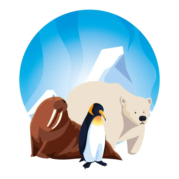 Arktyczne zwierzęta w krajobrazie z błękitnym niebem i górą lodową — Wektor stockowy