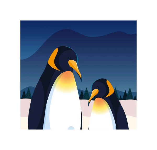 Pingwiny na biegunie północnym, arktyczny krajobraz — Wektor stockowy