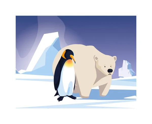 Pinguino e orso polare al polo nord, paesaggio artico — Vettoriale Stock
