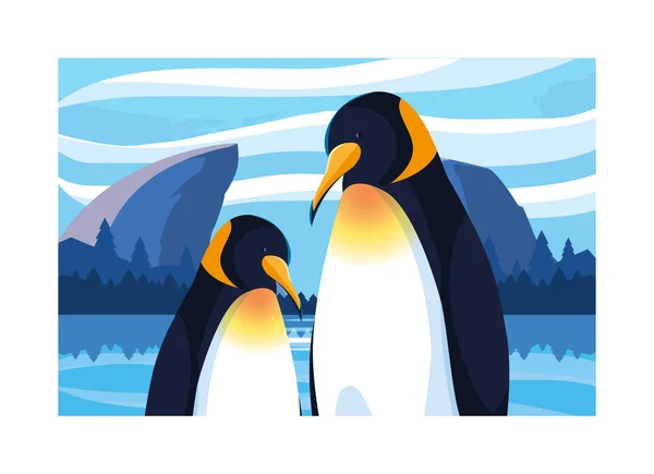 Pingvinek az Északi-sarkon, sarkvidéki táj — Stock Vector