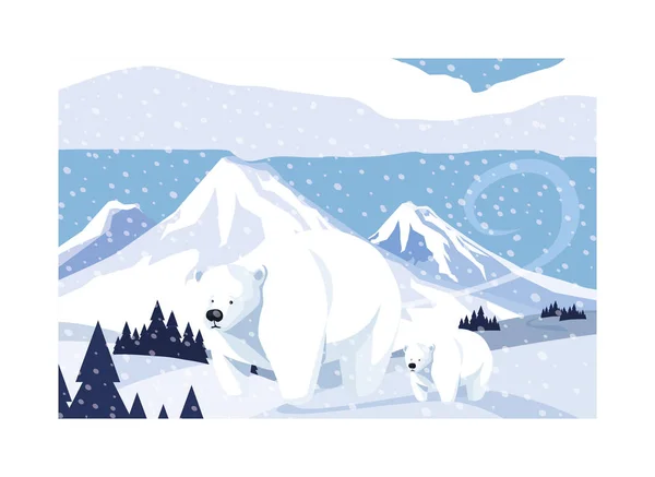 Oso polar con cachorro en el polo norte, paisaje ártico — Vector de stock