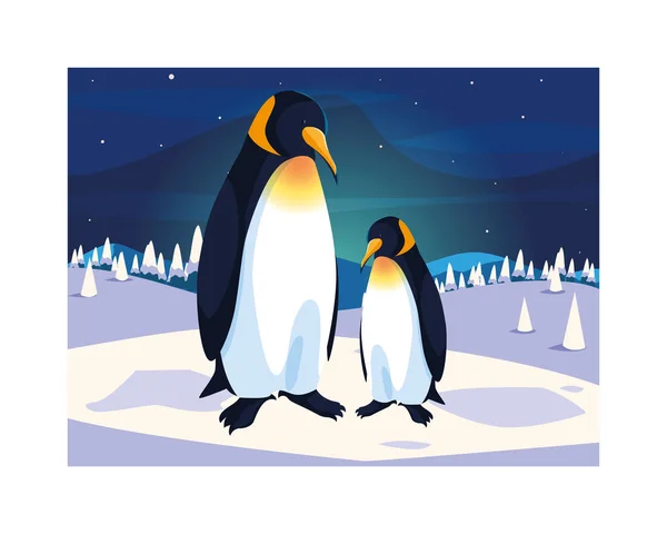 Pingviner vid nordpolen, arktiskt landskap — Stock vektor