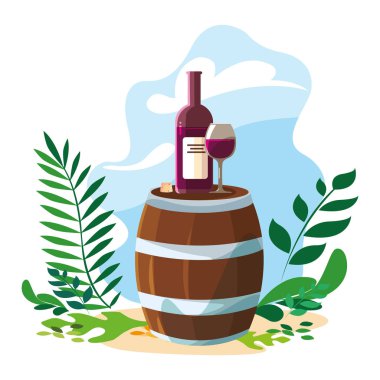 Bir şişe şarap ve arka plan manzaralı fıçı.