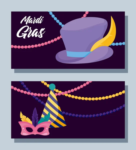 Mardi gras máscara y sombreros con collares diseño vectorial — Archivo Imágenes Vectoriales