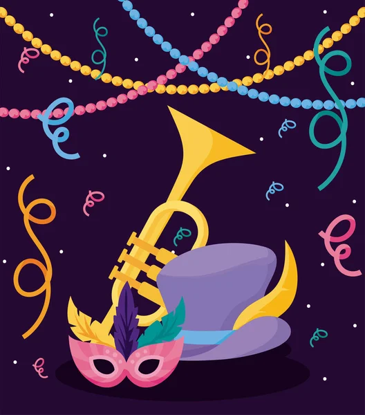 Mardi gras mask hat and trumpet with necklaces vector design — 图库矢量图片