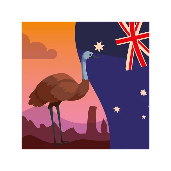 Emu con bandera australia en el fondo — Vector de stock