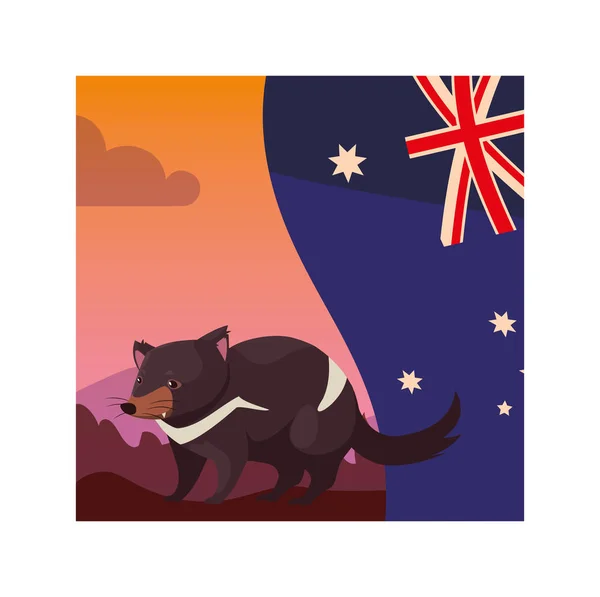 Demonio tasmaniano con bandera australia en el fondo — Vector de stock