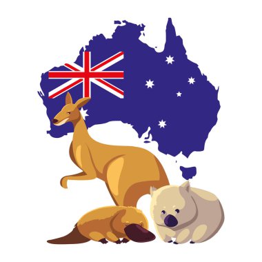 Avusturalya 'nın hayvanları ve arka planda Avustralya haritası.