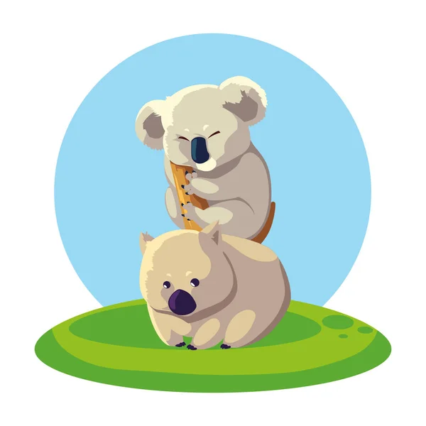 Koala y wombat sobre el paisaje — Vector de stock