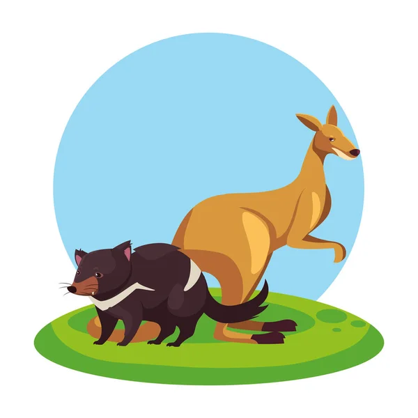 Canguro y demonio tasmaniano sobre el paisaje — Vector de stock