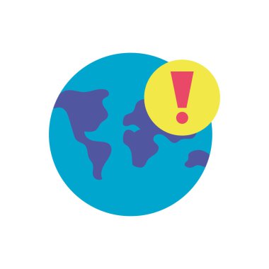 Uyarı işareti simgesi, düz stil ve renkli tasarımı olan dünya gezegeni