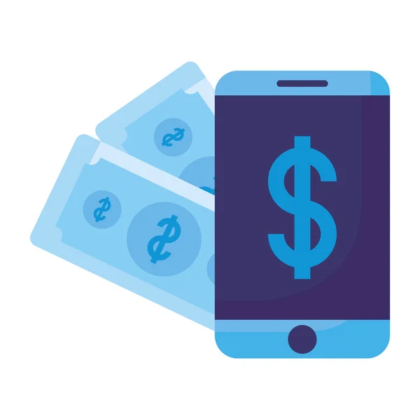 Isoliertes Dollar-Smartphone und Banknoten-Vektordesign — Stockvektor