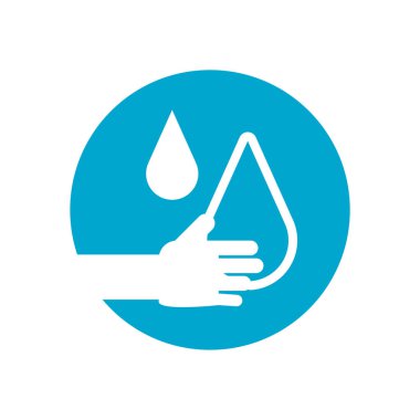 Su damlası simgesi, blok biçimi ve renkli tasarımı olan el