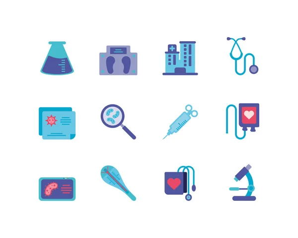 Peralatan medis dan obat konsep ikon diatur di atas latar belakang putih, warna-warni dan gaya datar - Stok Vektor